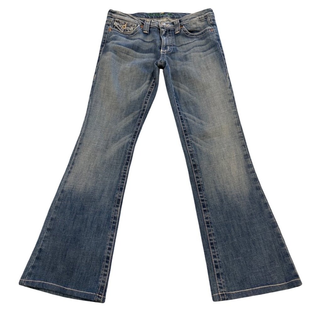 Plastic By GLY Womens Flare Leg Blue Denim Jeans W/ Embroidered Pockets Size 13